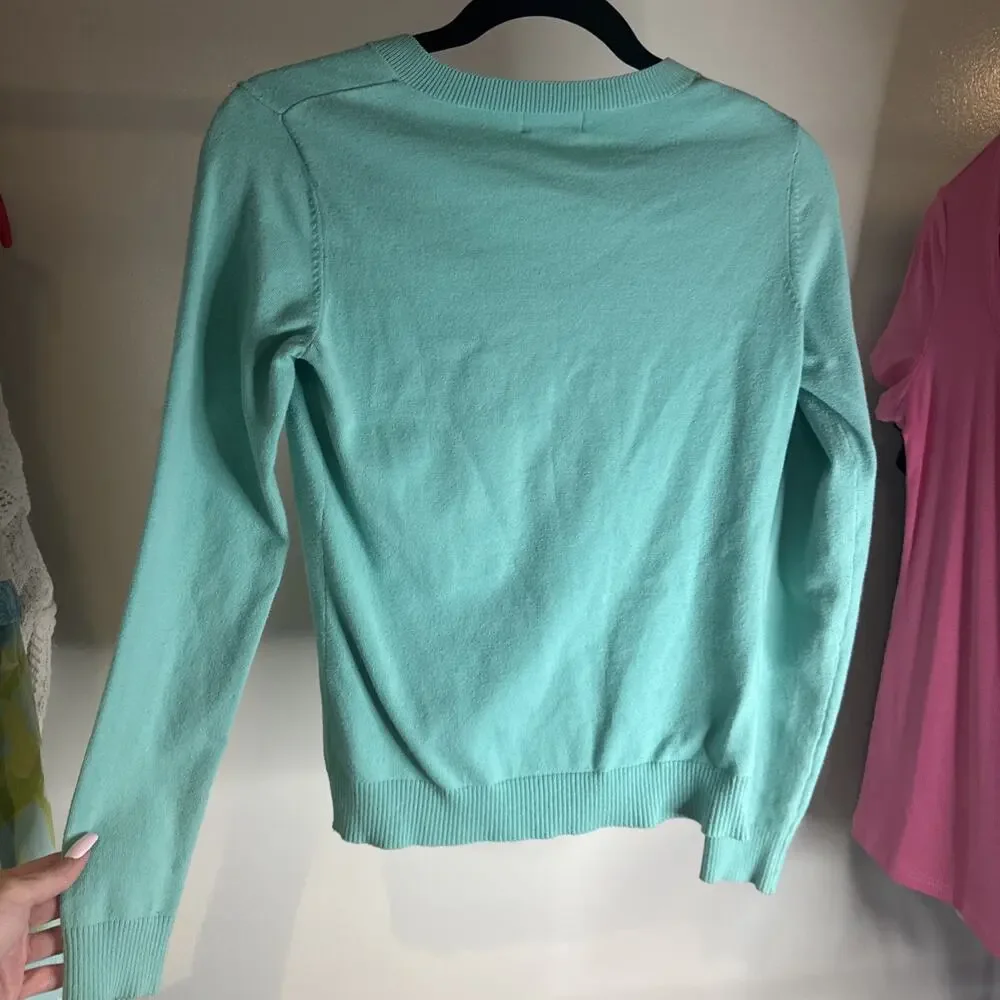Vintage Lilly Pulitzer Solid Green V-Neck Pullover Sweater‎ Palm Tree Logo Sz XS